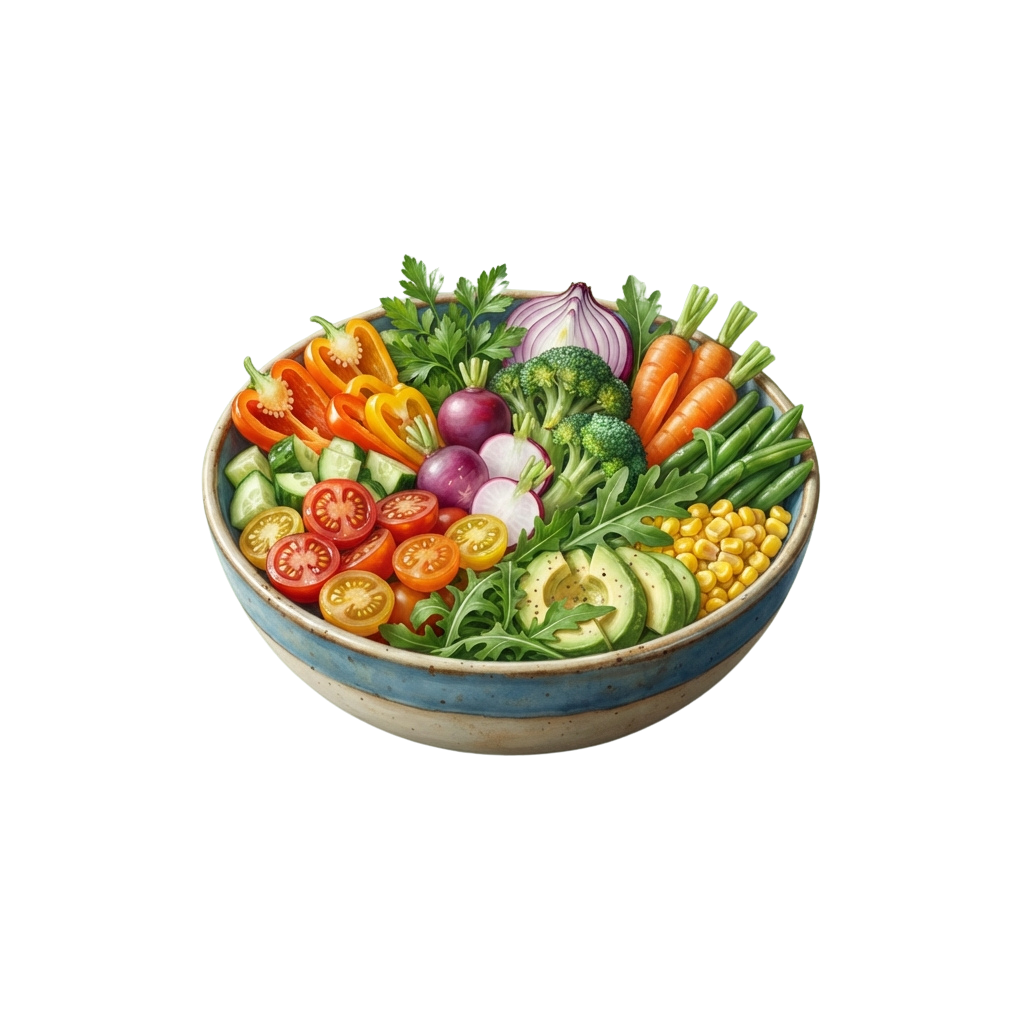 A bowl filled with a variety of colorful fresh vegetables including tomatoes, cucumbers, carrots, corn, and greens