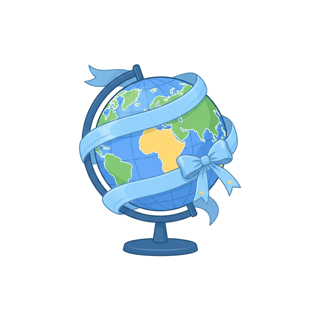 A stylized globe wrapped with a blue ribbon and bow on a stand