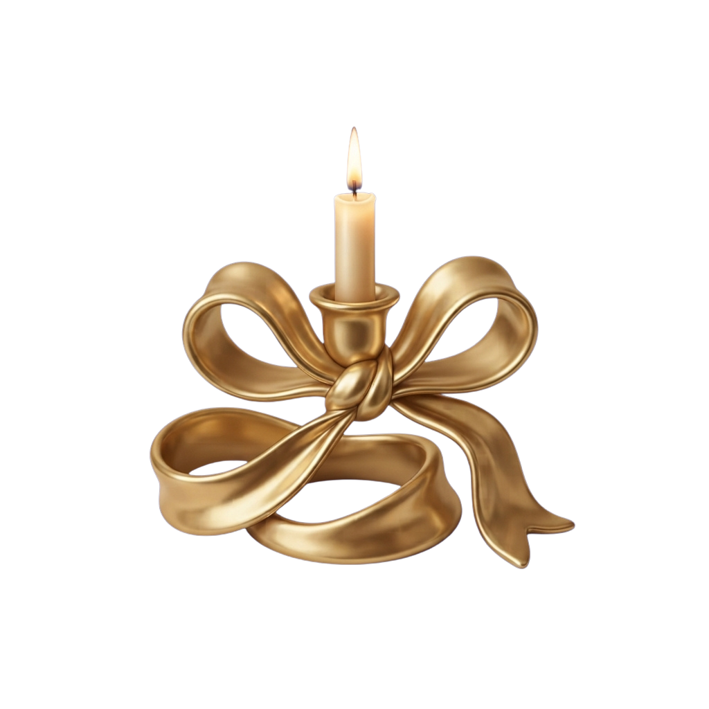 A gold-colored candle holder shaped like a decorative bow with a lit candle in the center