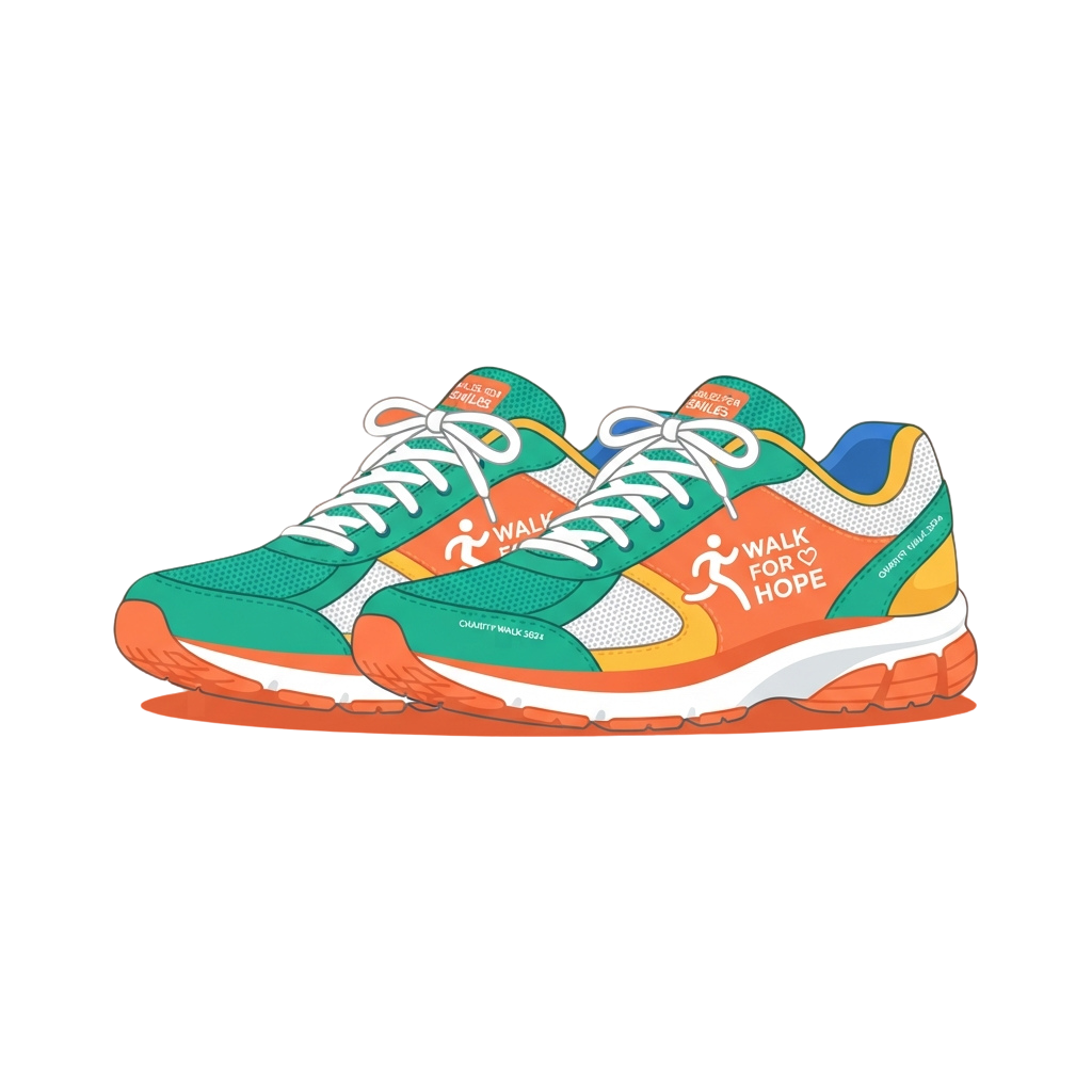 Pair of colorful running shoes with green, orange, and white sections and Walk for Hope logo