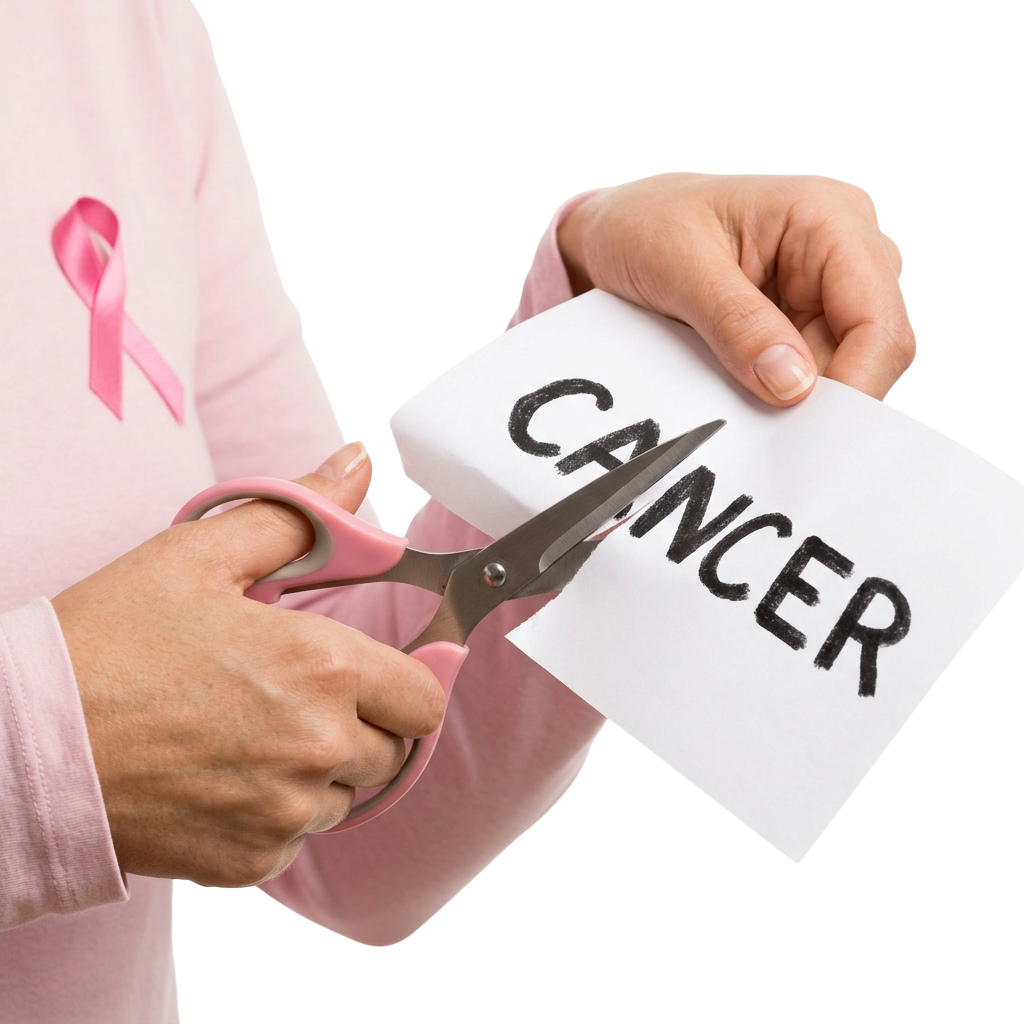 Hands cutting paper with the word CANCER while wearing a pink ribbon.
