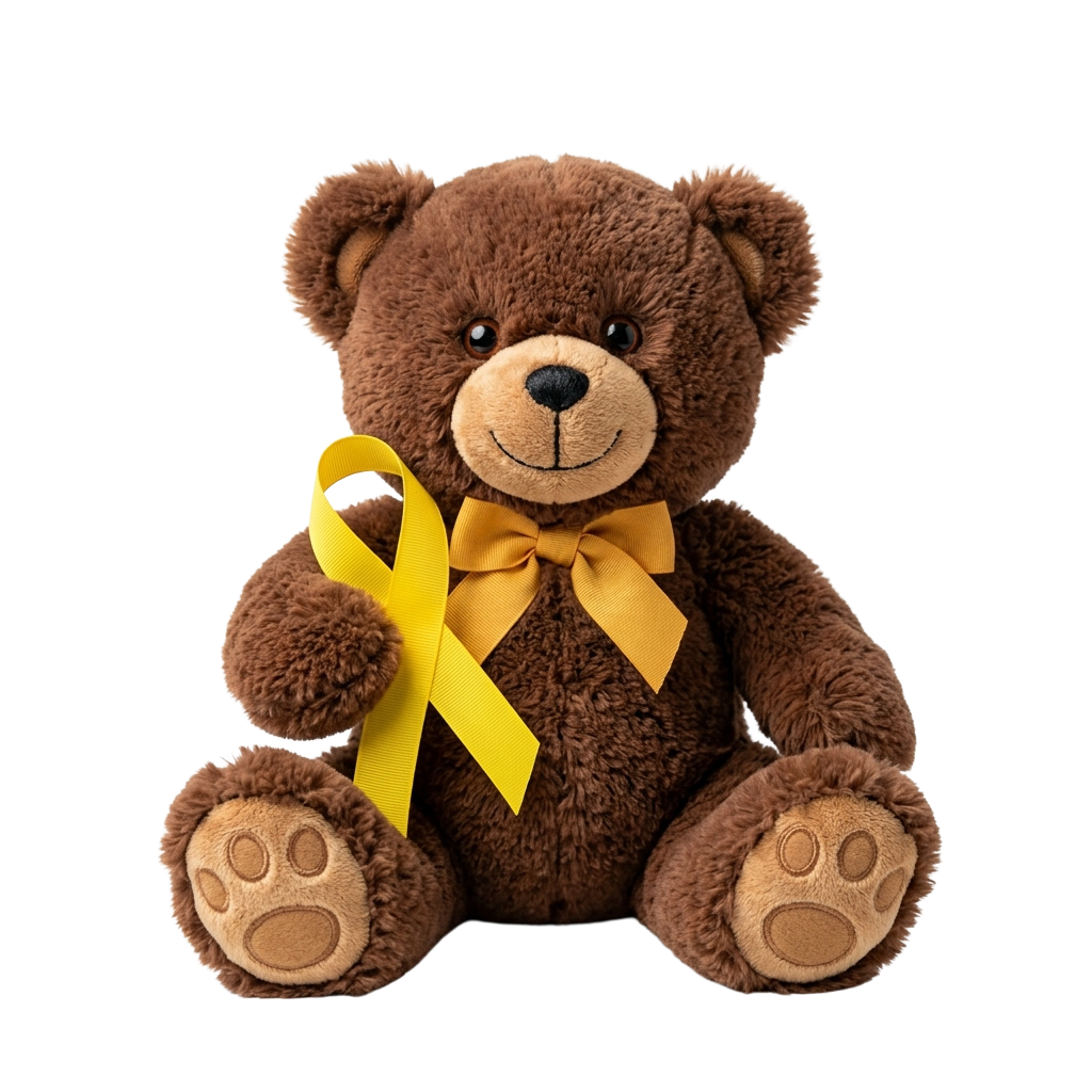 A brown teddy bear sitting and wearing a bright yellow ribbon tied in a bow around its neck
