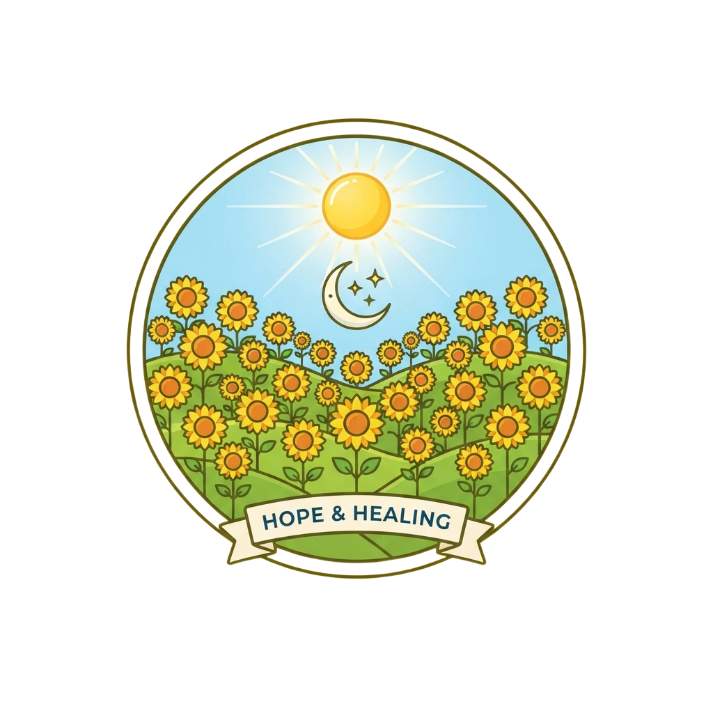 Illustration showing sunflowers under a bright sun and crescent moon with the words Hope and Healing on a banner