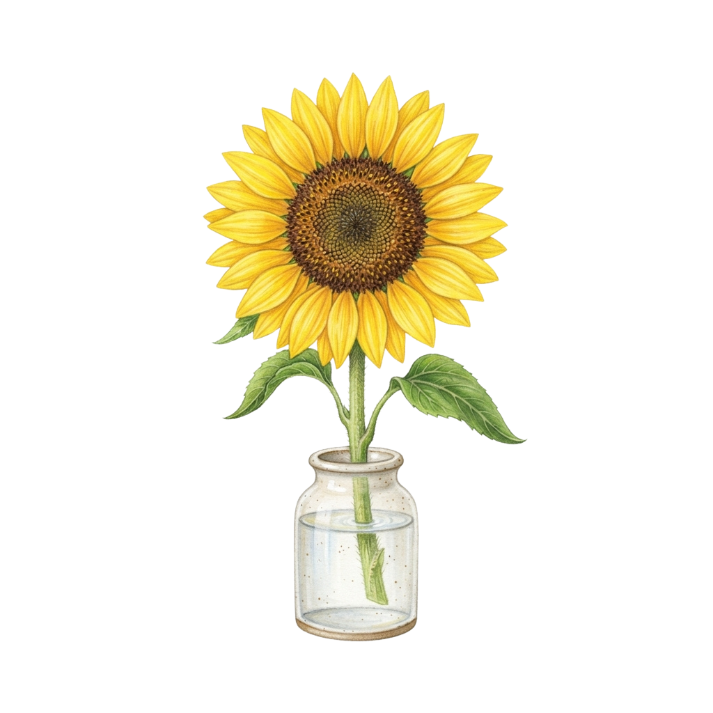 A bright yellow sunflower in a clear glass vase with green leaves.