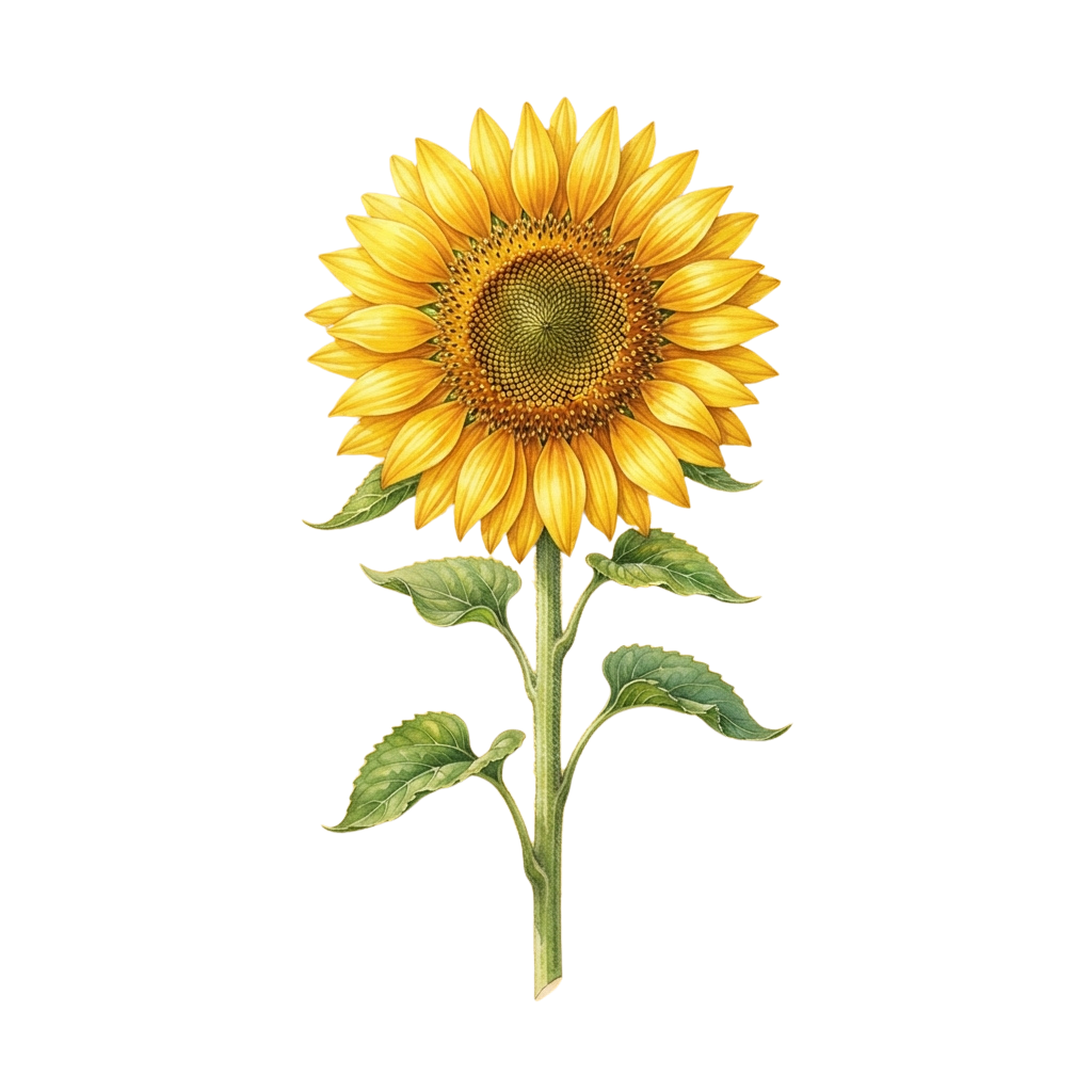 Illustration of a sunflower with bright yellow petals and green leaves on a black background