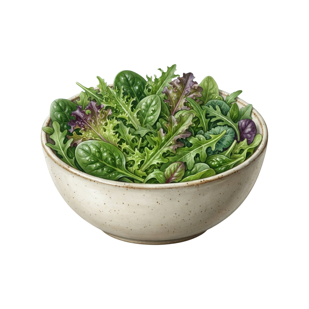 A ceramic bowl filled with vibrant mixed leafy greens including spinach and red-purple leaves