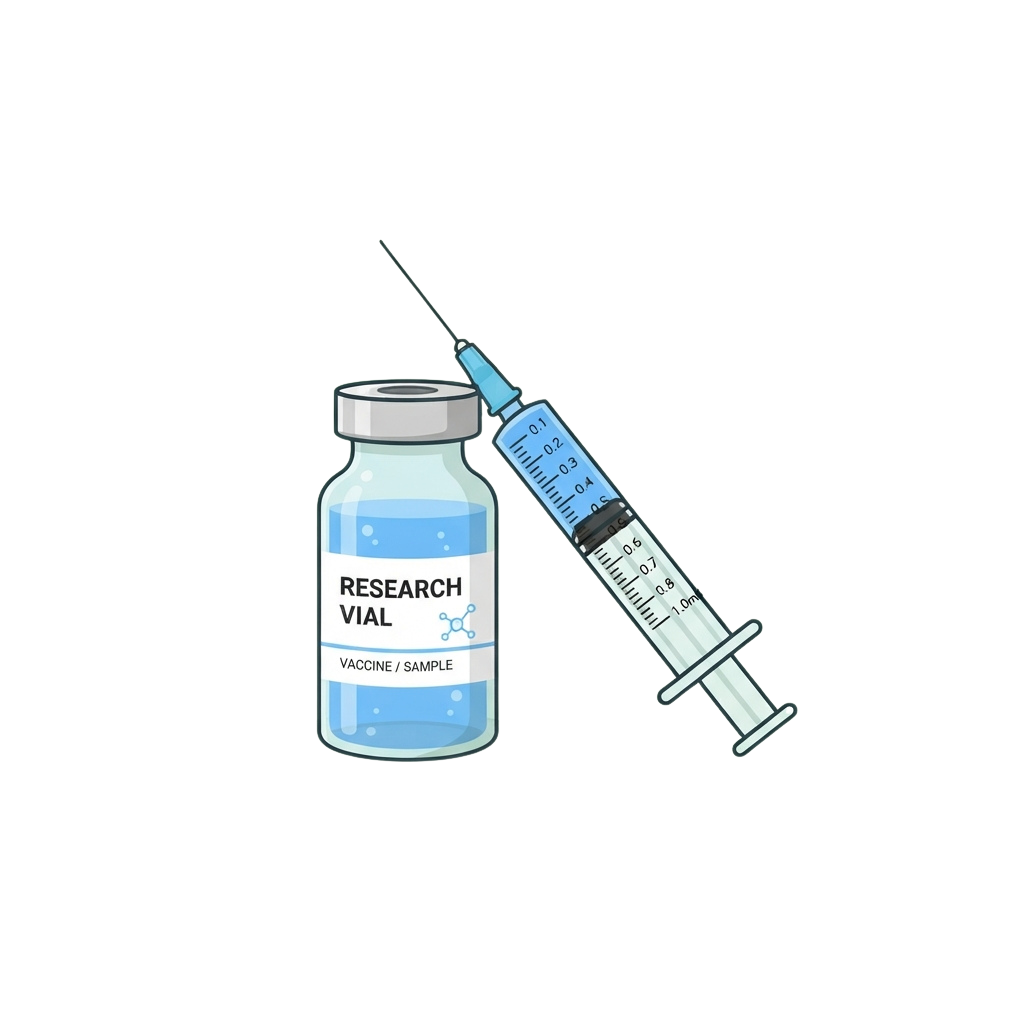 Illustration of a research vial labeled vaccine sample and a syringe with markings for measurement.