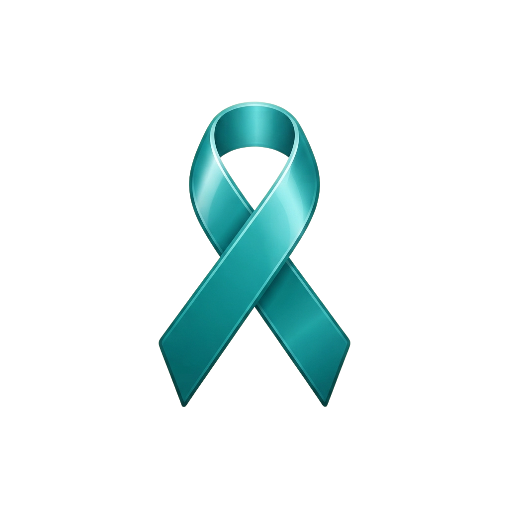 A teal-colored awareness ribbon against a black background