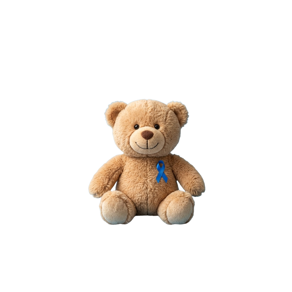 Light brown teddy bear sitting and wearing a blue ribbon symbol on its chest