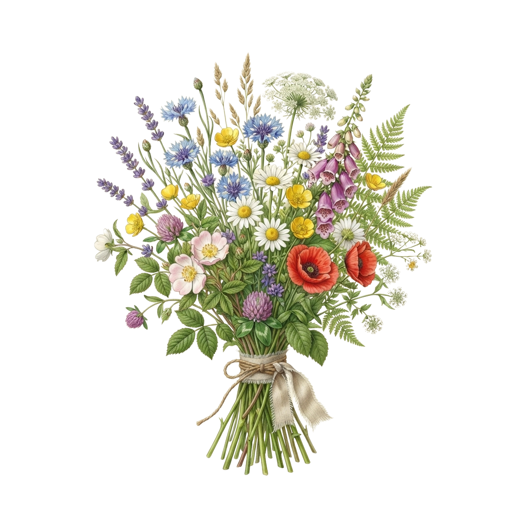 A vibrant bouquet of wildflowers tied with a beige ribbon against a black background