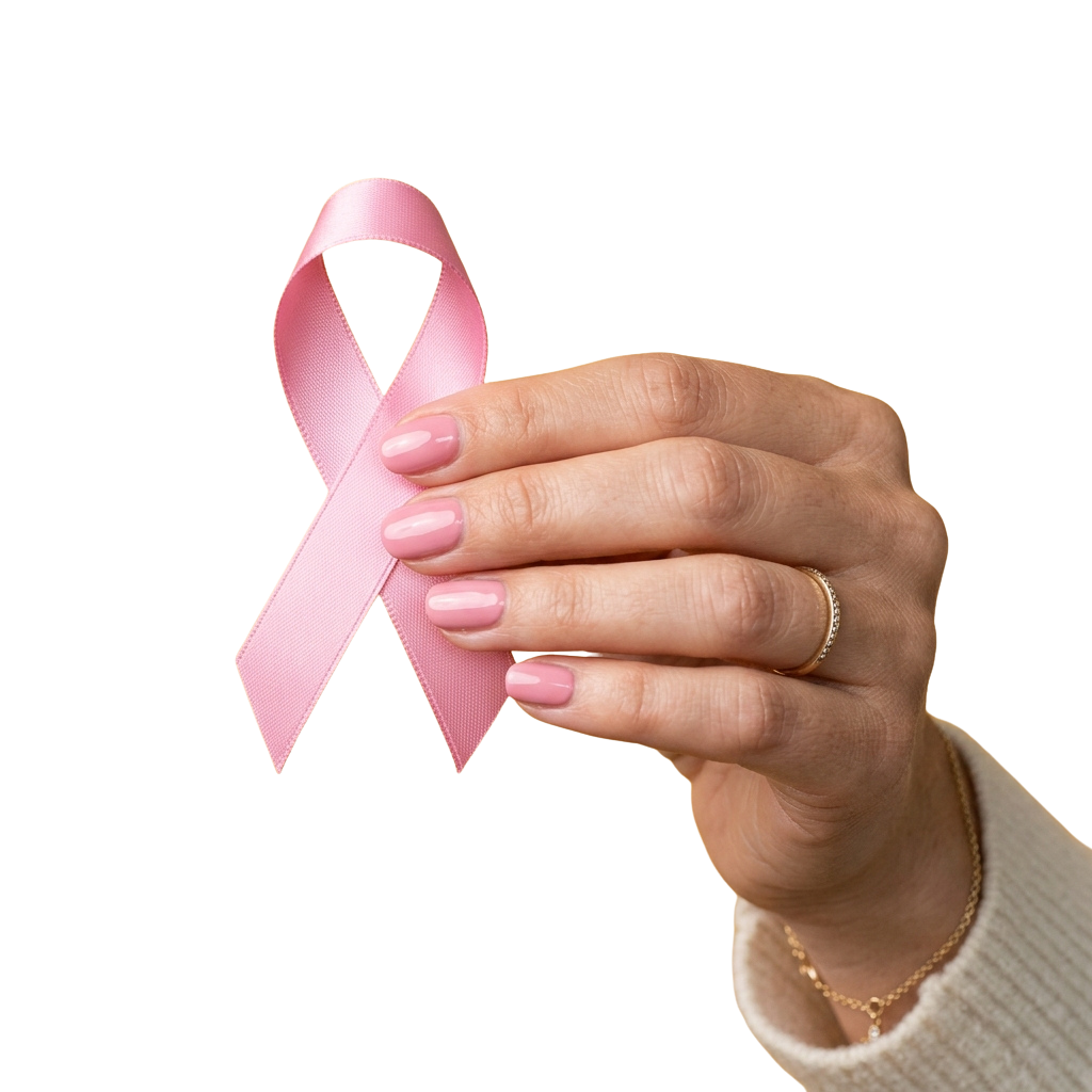 Hand holding a pink ribbon symbol for breast cancer awareness