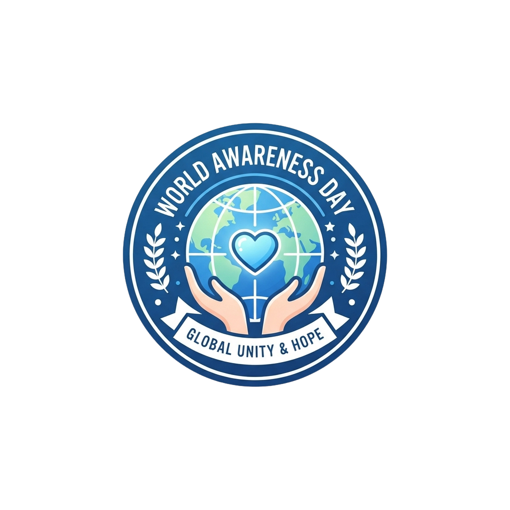 Two hands holding a globe with a heart, surrounded by laurel branches and stars, labeled World Awareness Day Global Unity and Hope