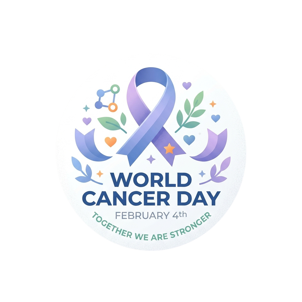 World Cancer Day logo featuring a purple ribbon, hearts, stars, and leaves with the date February 4th and the slogan Together We Are Stronger