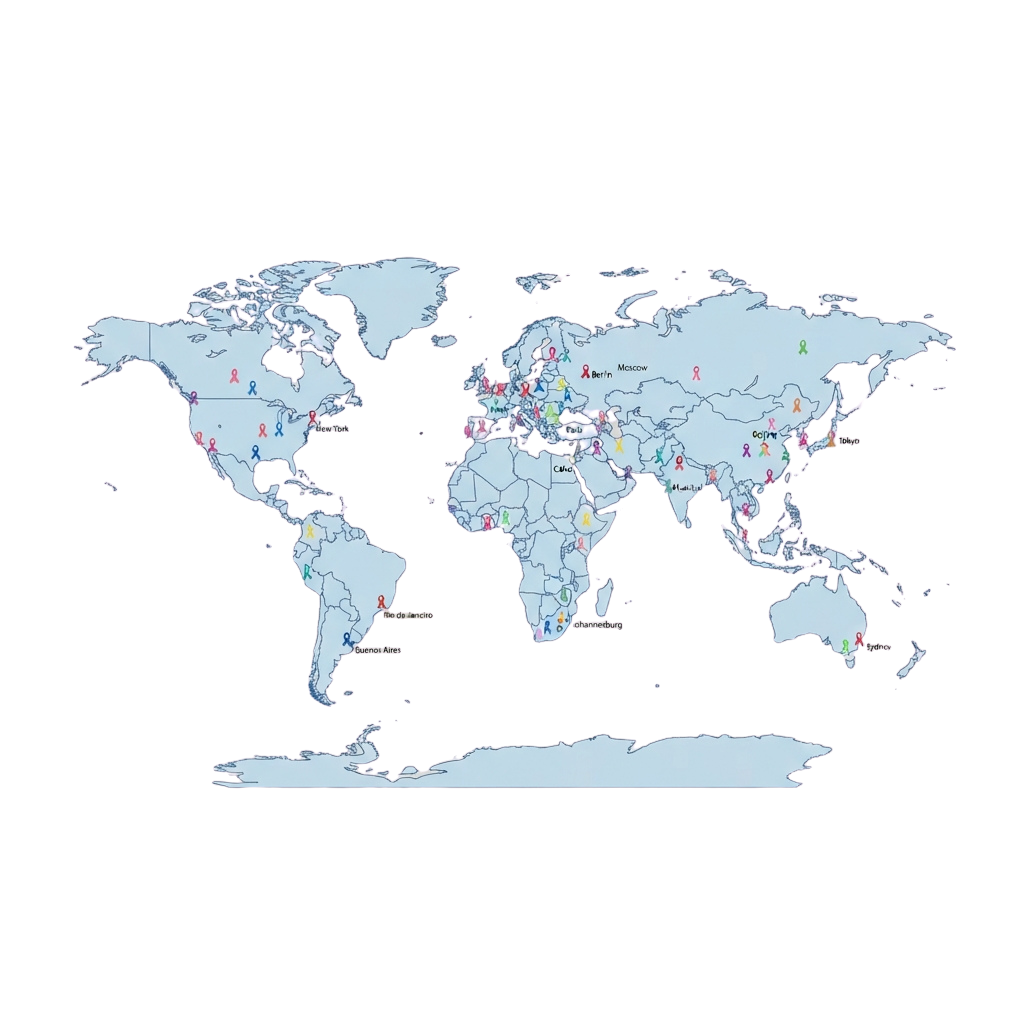 World map displaying various locations marked with colorful ribbon pins.