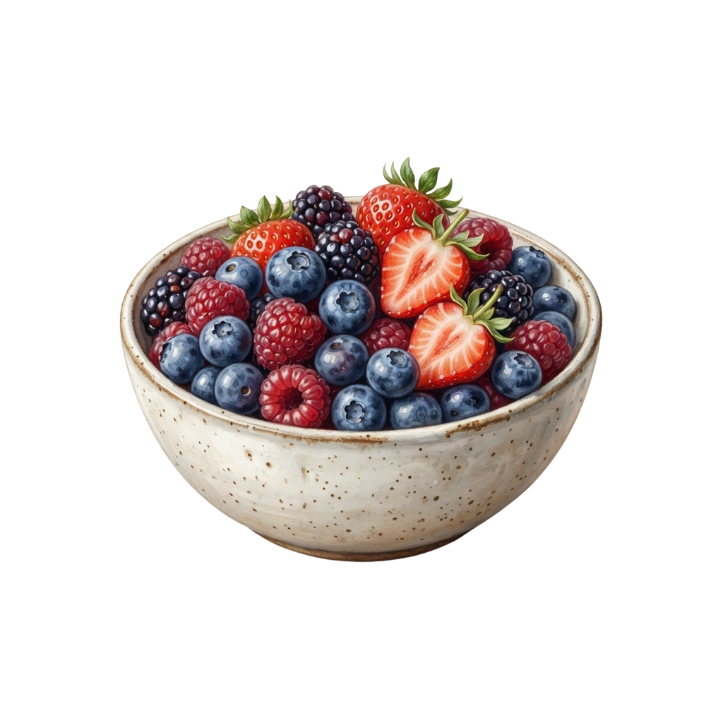 Ceramic bowl filled with fresh strawberries, blueberries, raspberries, and blackberries