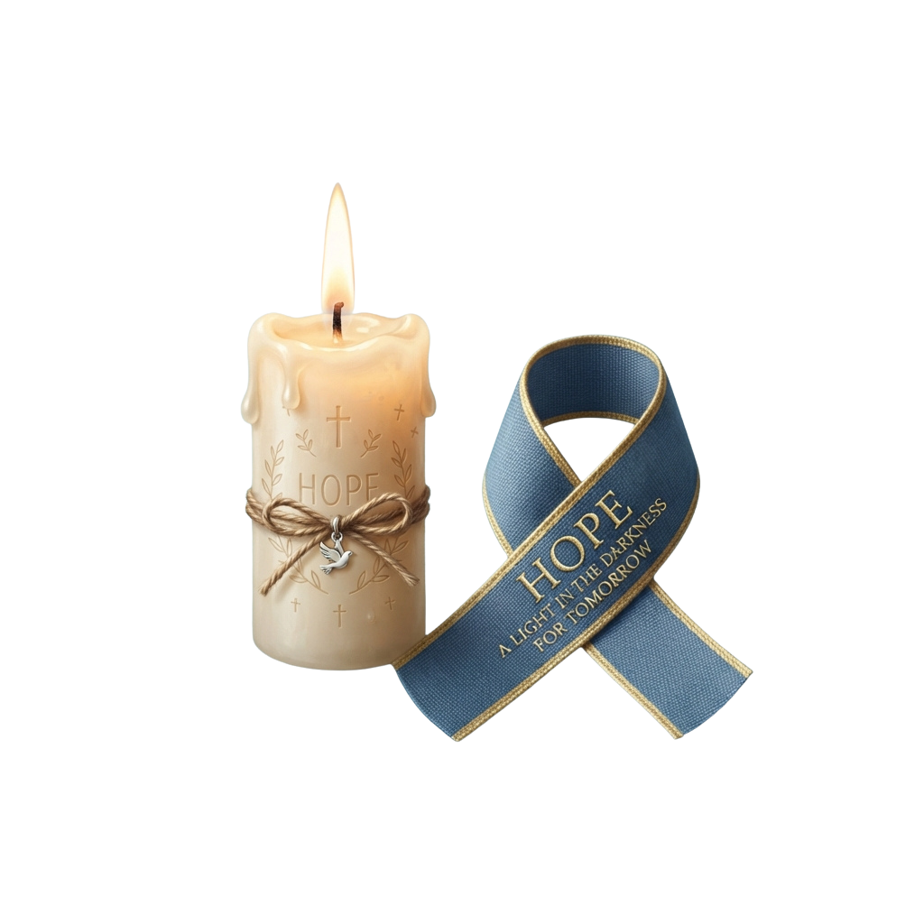A lit candle with the word hope and a blue ribbon with gold trim reading hope a light in the darkness for tomorrow