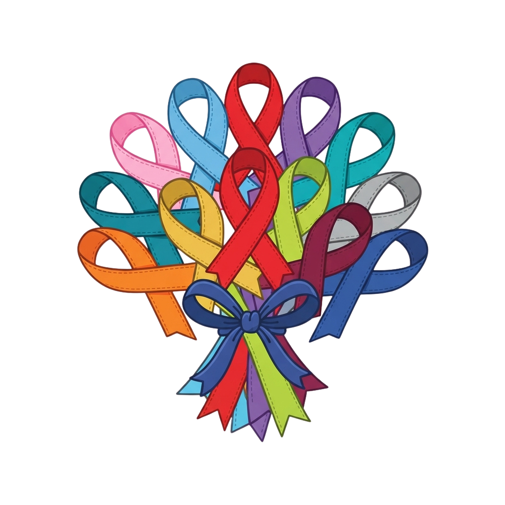 A collection of colorful awareness ribbons tied together in a bow shape on a black background