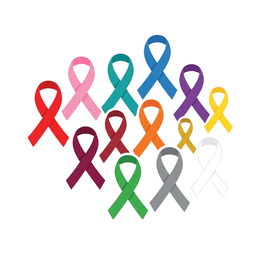 Collection of twelve awareness ribbons in various colors on black background