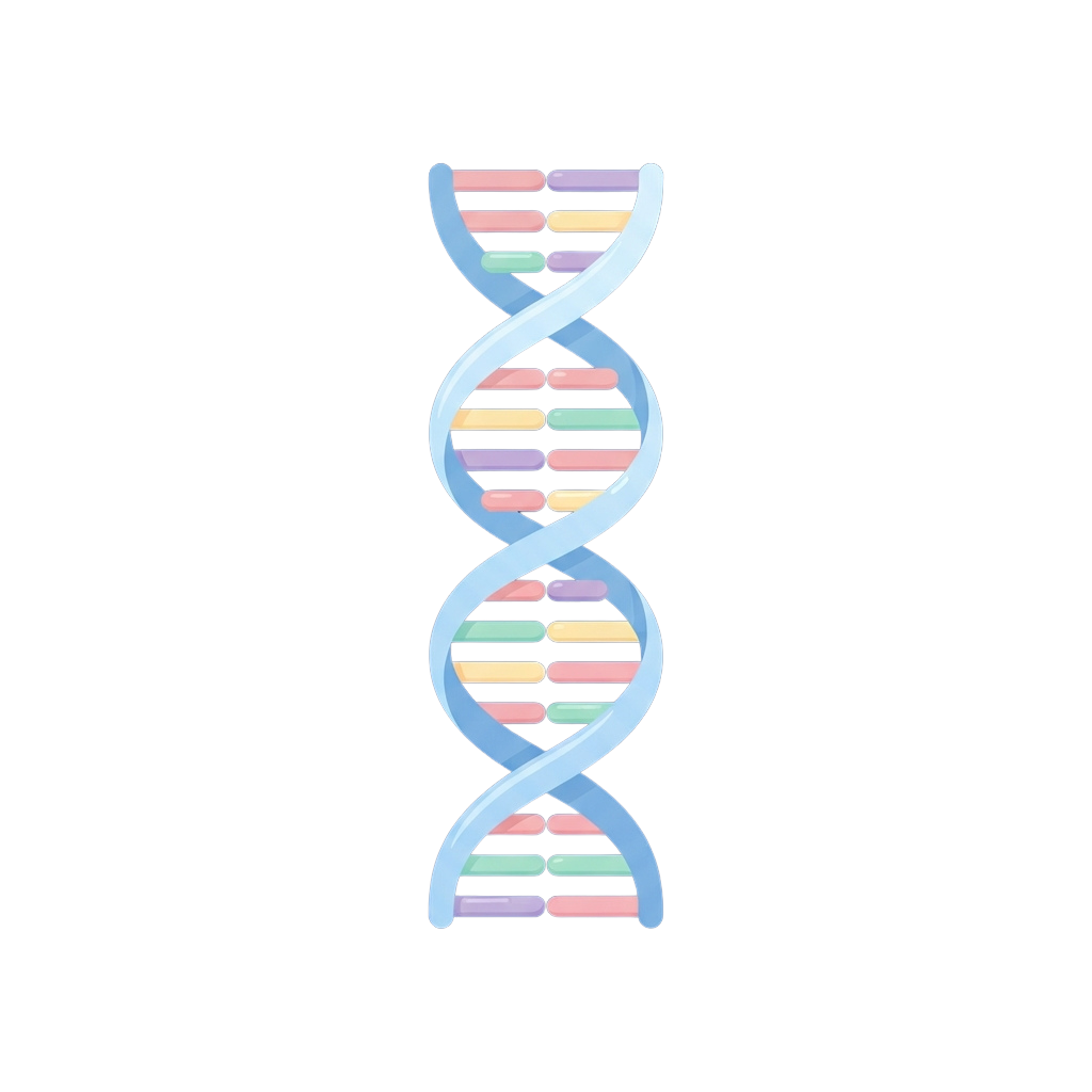 A stylized illustration of a DNA double helix with colorful base pairs