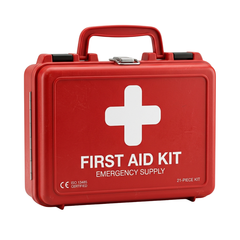 A red first aid kit case with a white cross symbol and text reading First Aid Kit Emergency Supply 21-Piece Kit