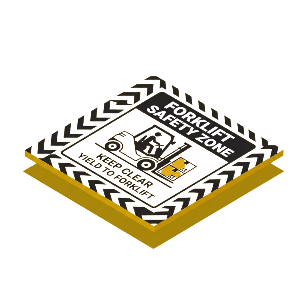 Illustration of a circuit board labeled Forklift Safety Zone with directional arrows and safety symbols