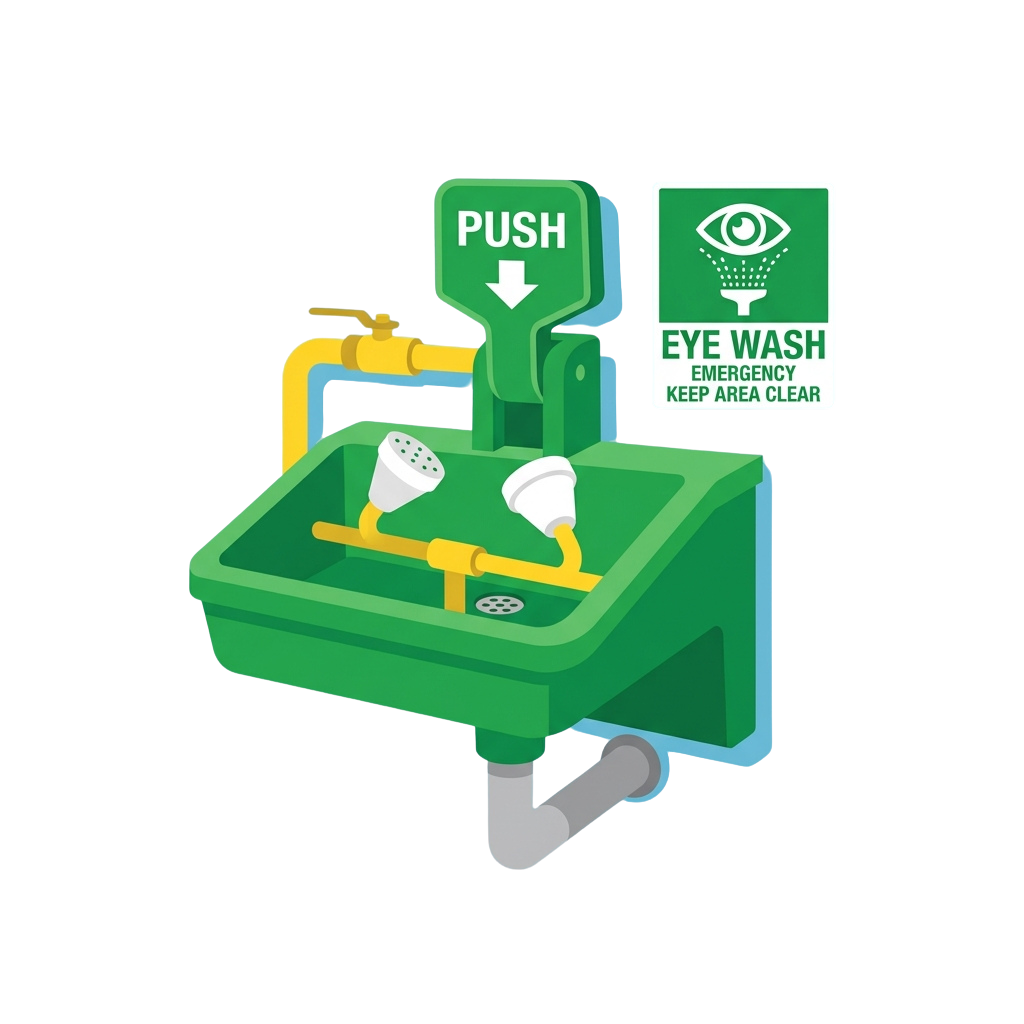 Illustration of an eye wash emergency station with push button and two eye wash nozzles