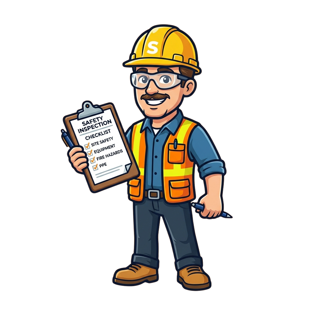 Cartoon construction worker holding a safety inspection checklist clipboard with site safety, equipment, fire hazards, and PPE marked.