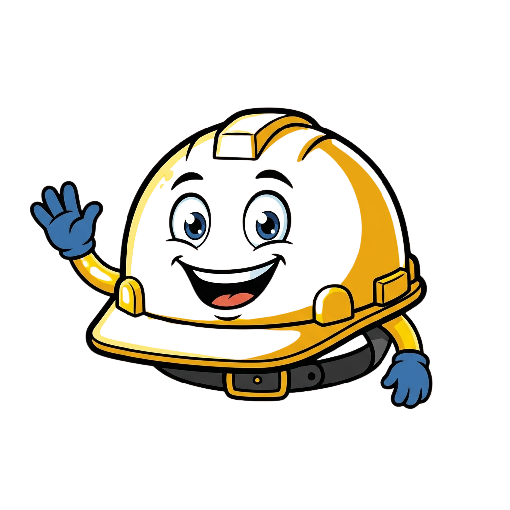 Animated character with a cheerful face wearing a yellow hard hat and waving with one blue hand