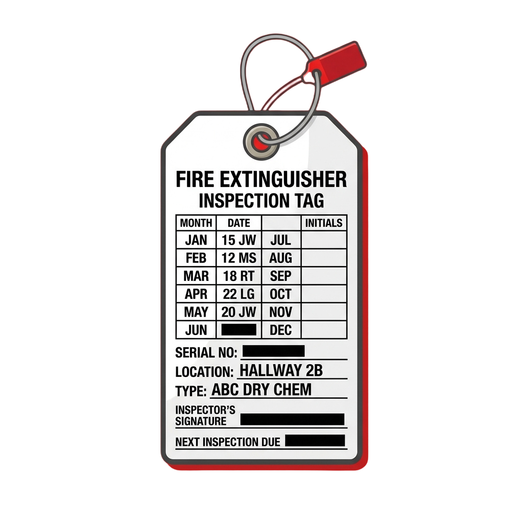 Fire extinguisher inspection tag with monthly dates, location, and type details