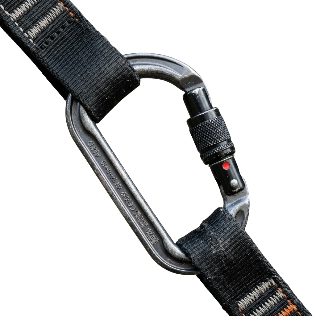 A metal carabiner securely fastened to a black webbing strap with a locking mechanism.