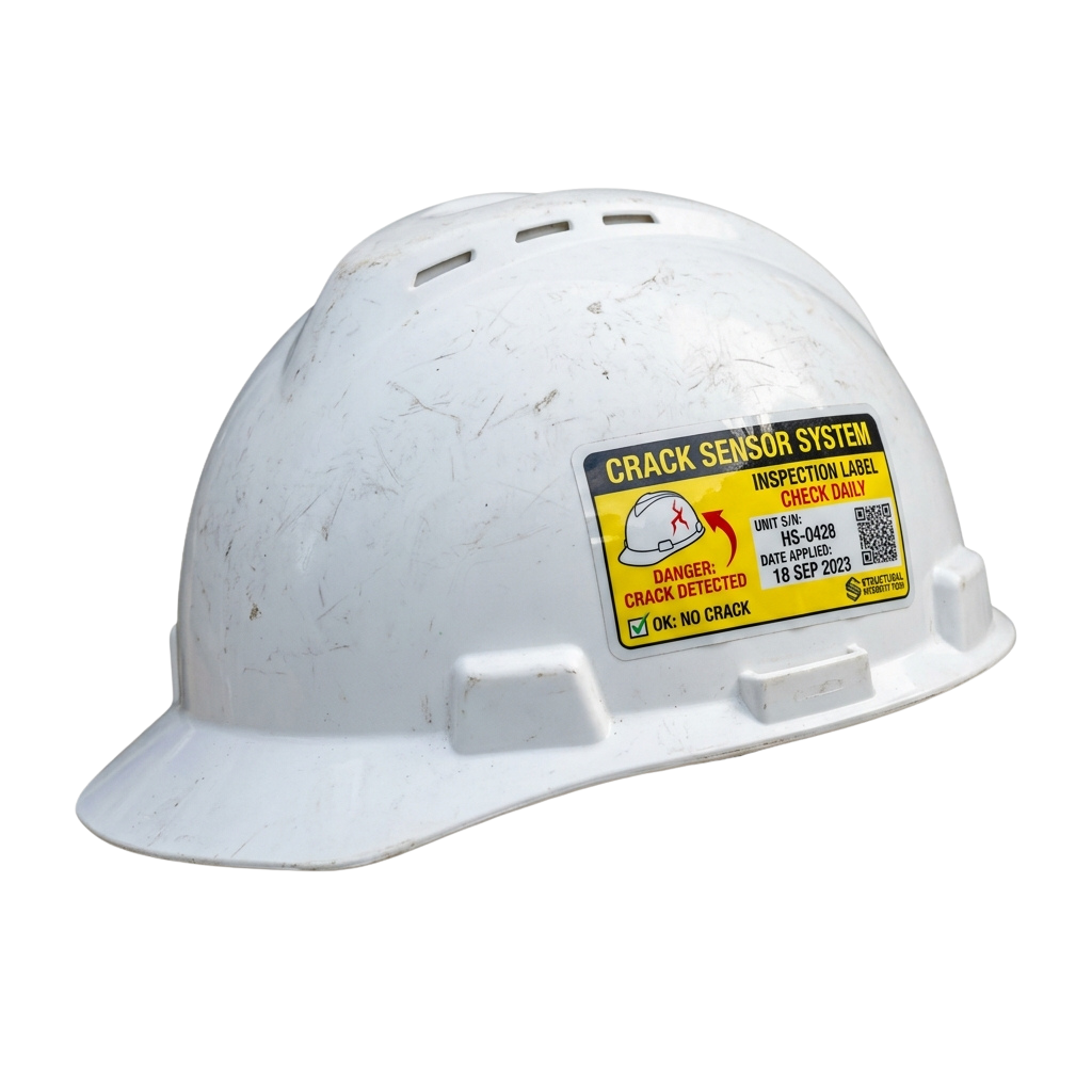 White hard hat with a yellow inspection label indicating a crack sensor system check