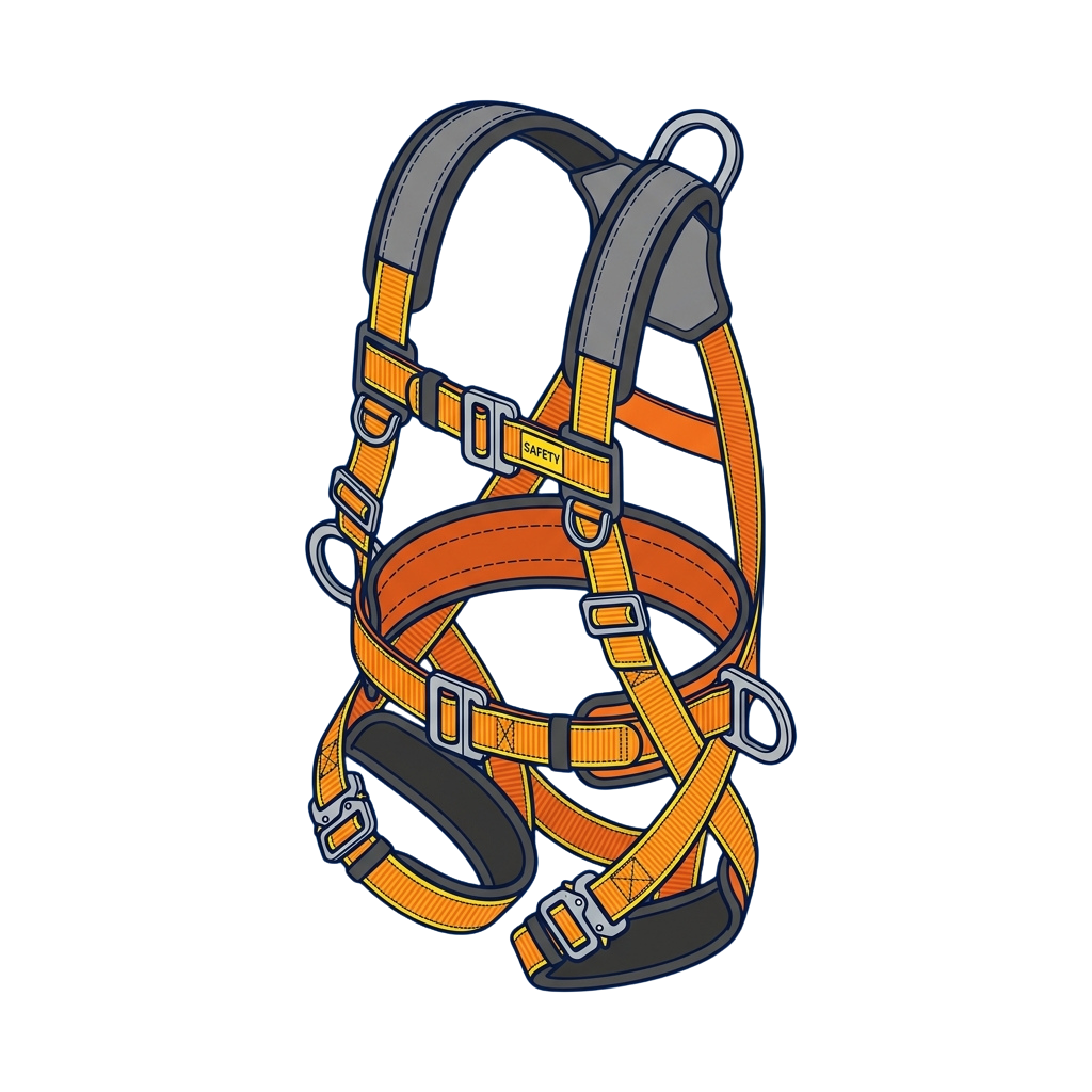 Illustration of a safety harness with orange and gray straps, buckles, and metal rings for secure attachment