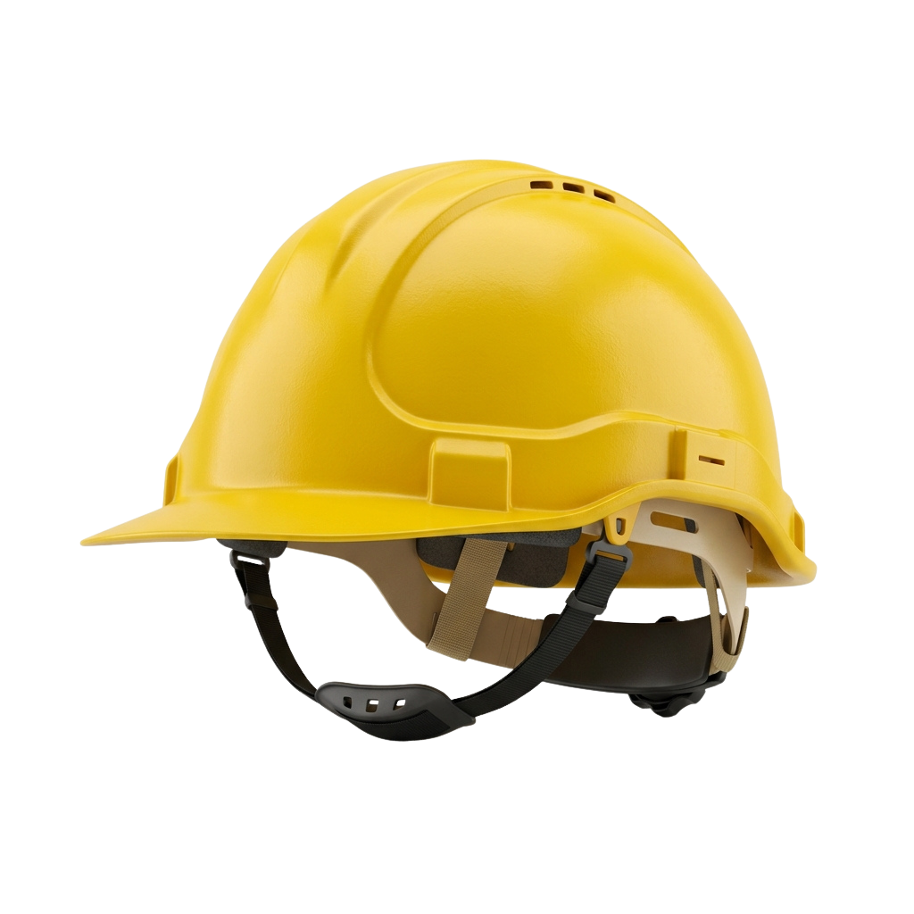 Bright yellow hard hat with black chin strap and adjustable suspension system