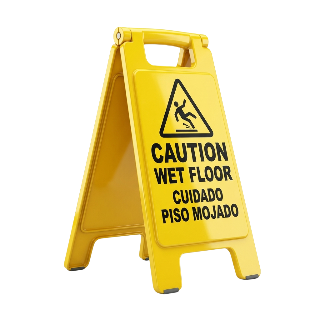 Bright yellow wet floor caution sign with black text and symbol in English and Spanish