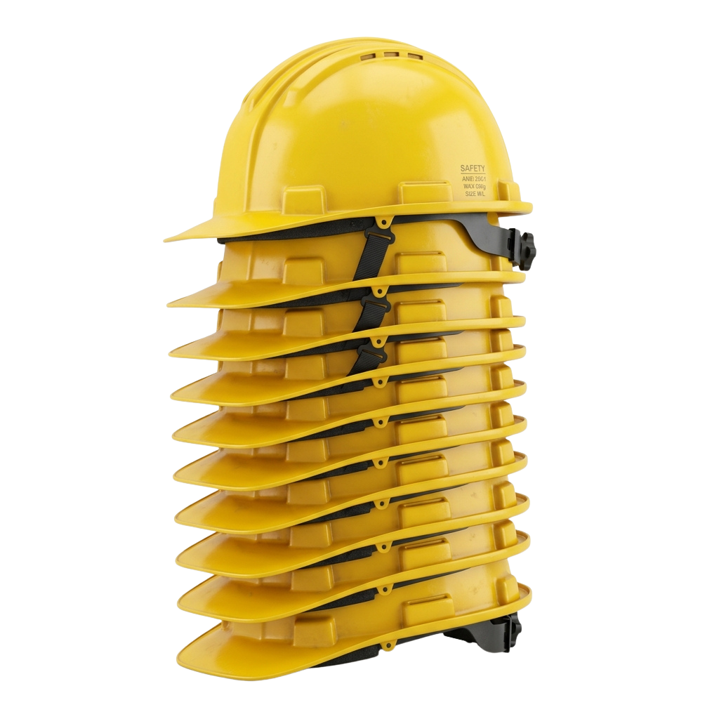 A stack of bright yellow hard hats with black straps and chin guards