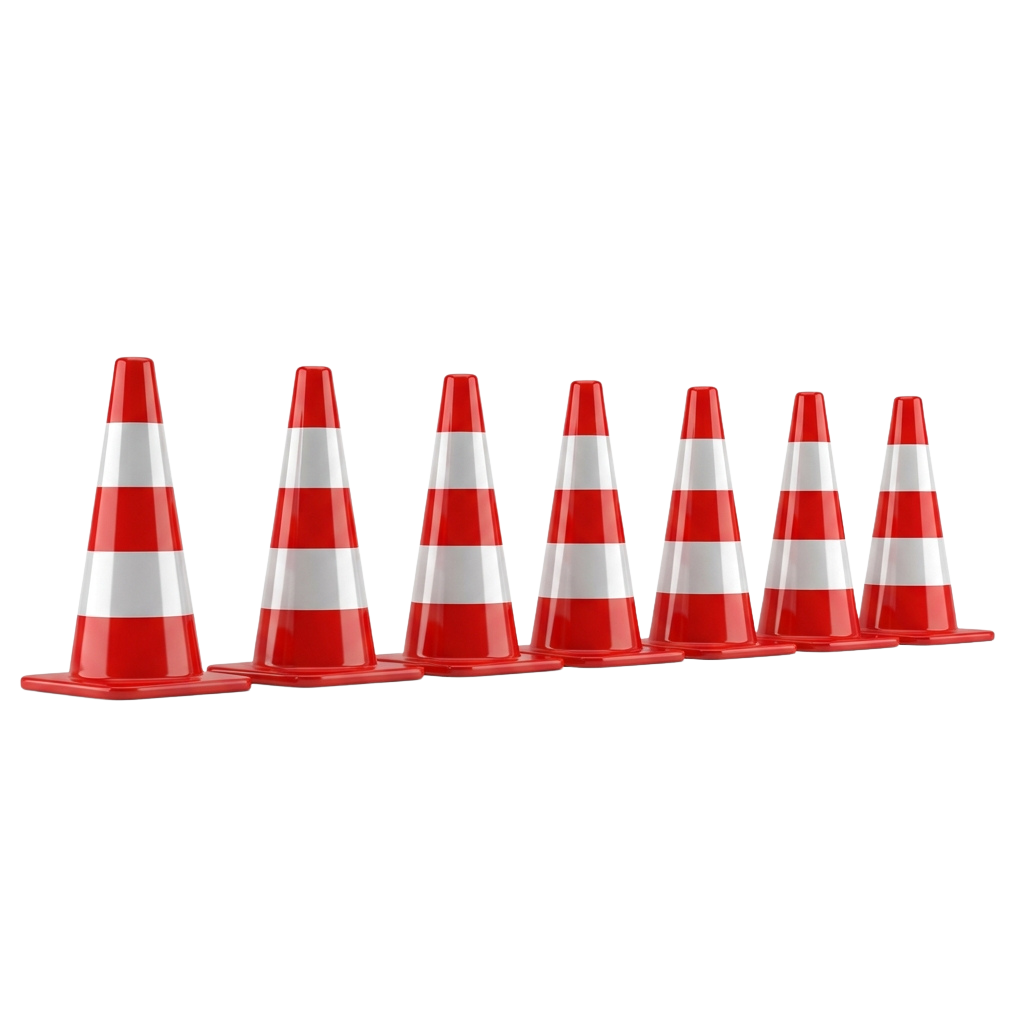 Six red and white striped traffic cones lined up on a flat surface against a black background