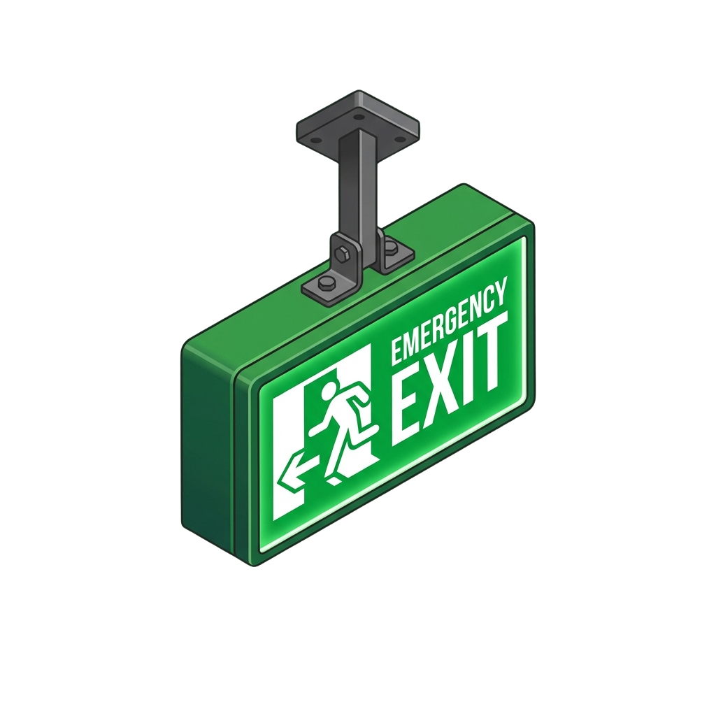 Green illuminated emergency exit sign with white running figure and directional arrows