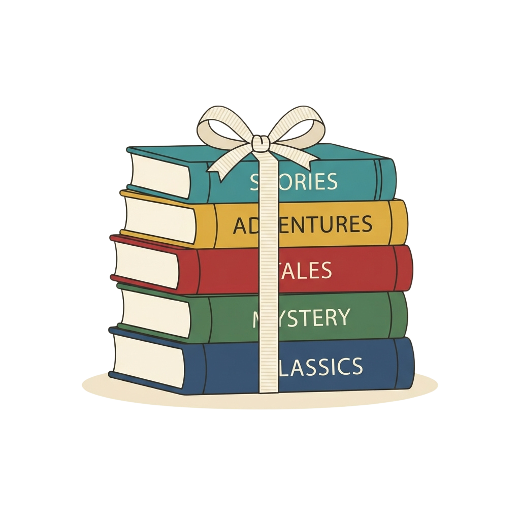 Stack of five colorful books tied with a ribbon labeled stories, adventures, fables, mystery, and classics