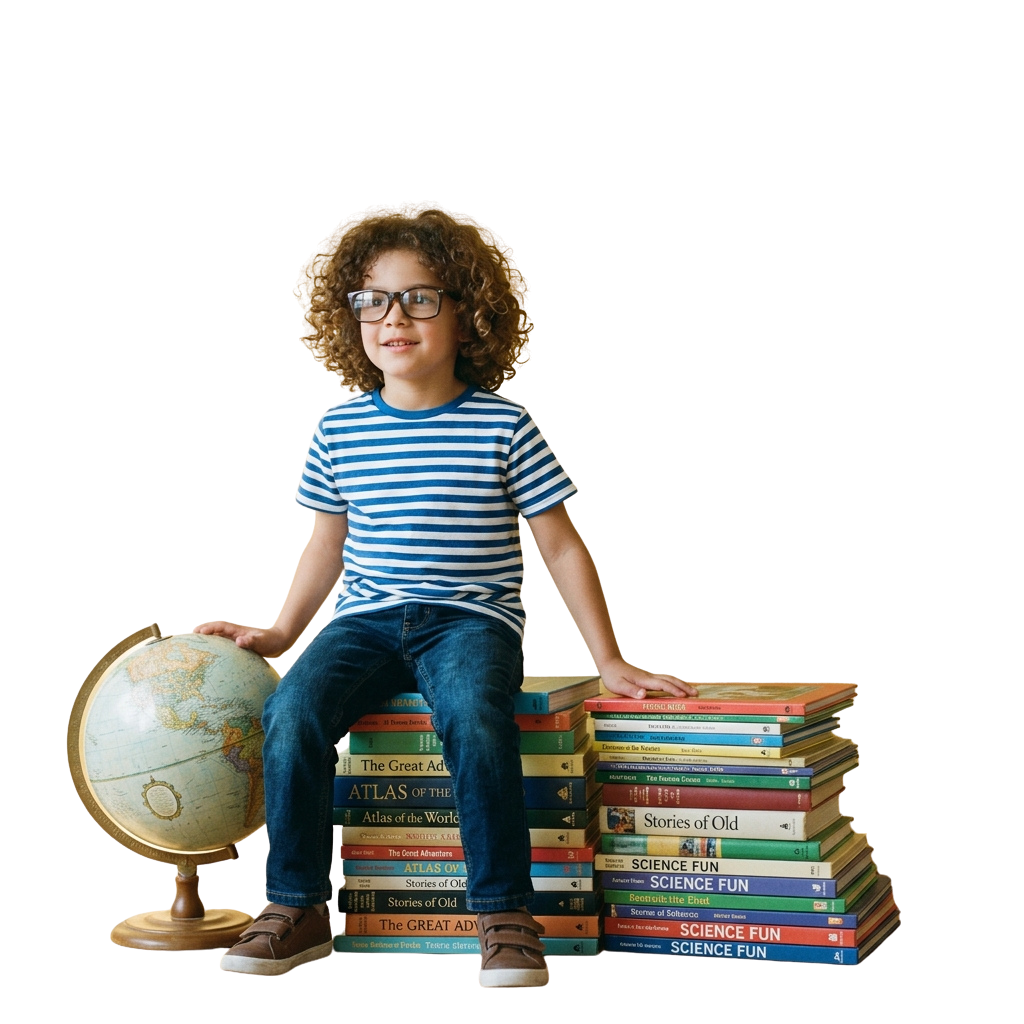 A smiling child with glasses sitting on a stack of colorful books, holding a globe.