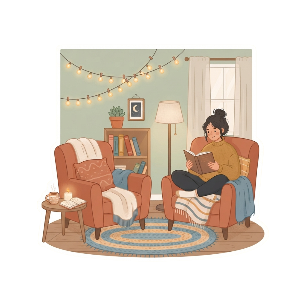 Person sitting in a comfortable armchair reading a book in a warmly lit living room with fairy lights and a bookshelf.