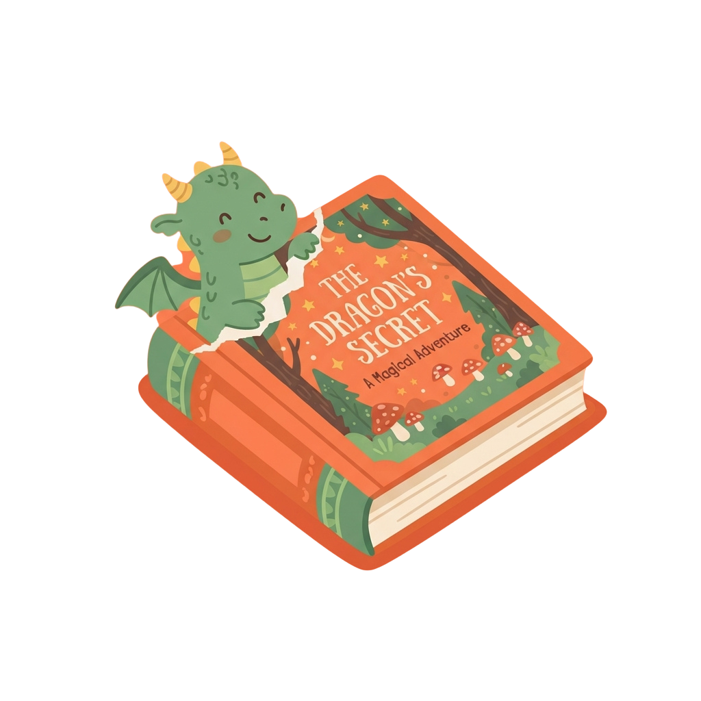 A small green dragon with wings sitting atop an open book titled The Dragons Secret A Magical Adventure