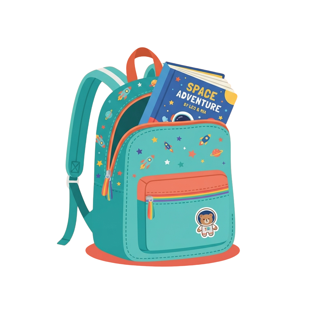Illustration of a turquoise backpack decorated with space-themed designs and an astronaut character on the front pocket.