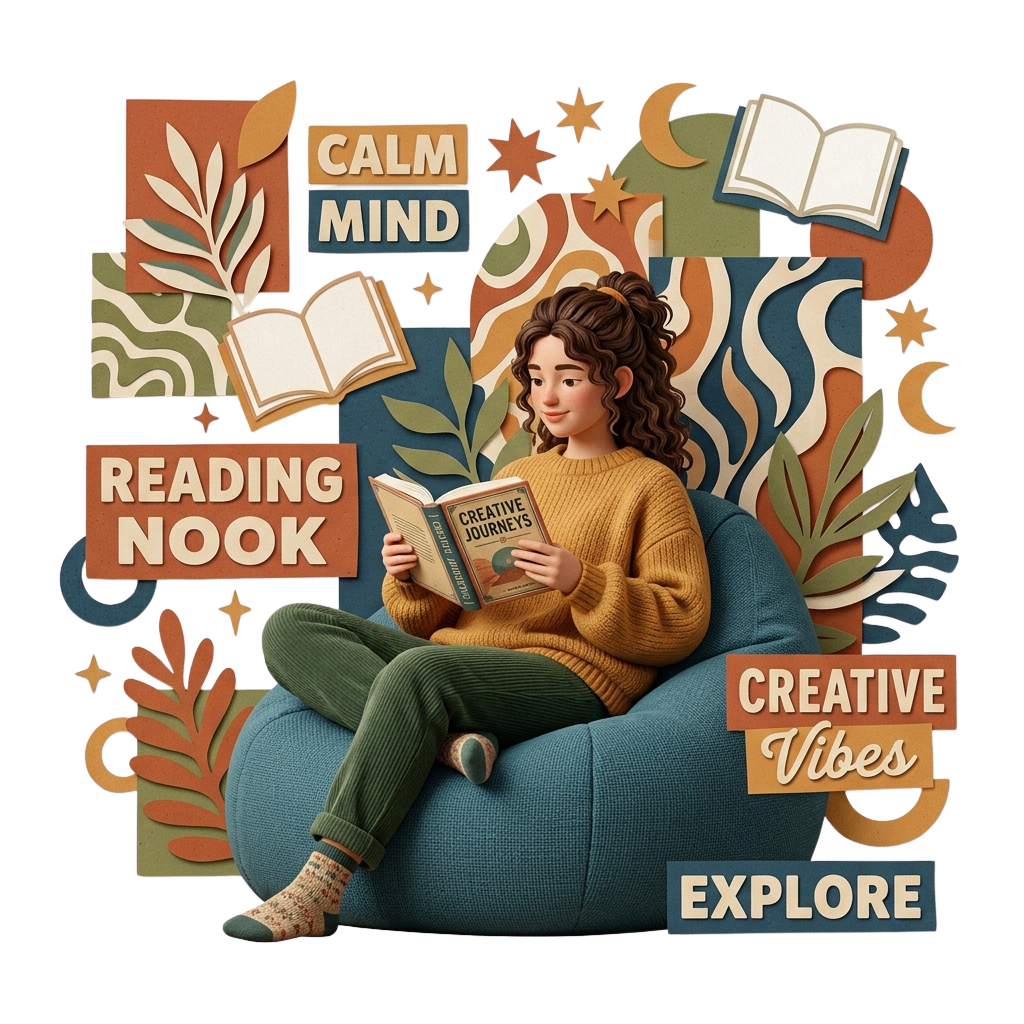 A person sitting comfortably in a reading nook, reading a book titled Creative Journeys with a calm and relaxed expression.