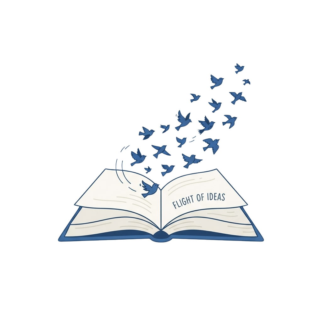 Open book labeled Flight of Ideas with birds flying out of it