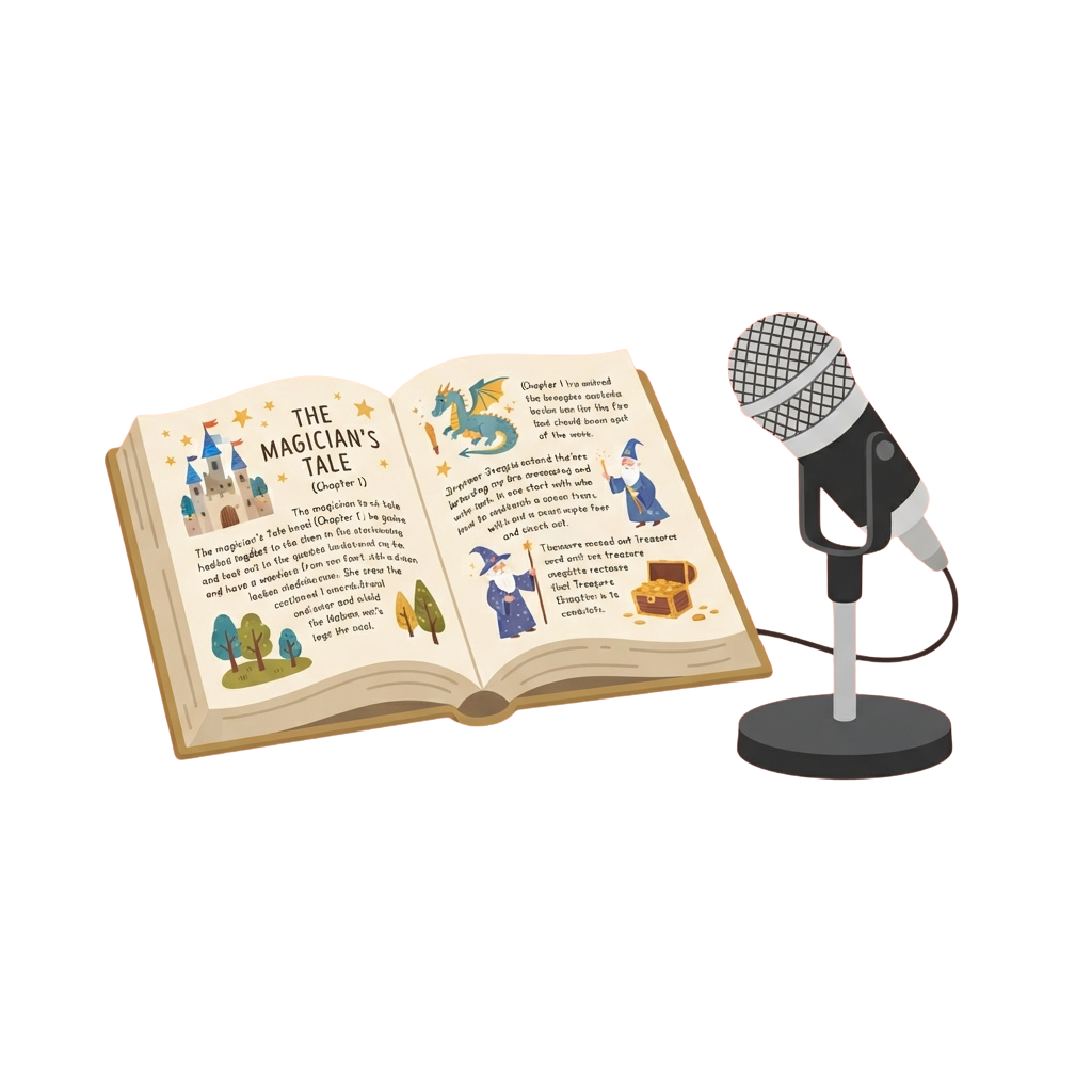 Open book titled The Magician's Tale next to a microphone, depicting storytelling with fantasy illustrations.