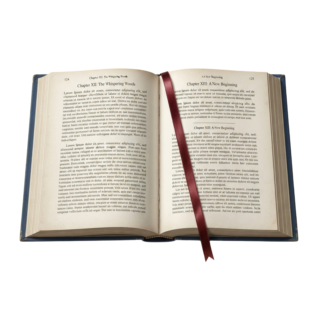 An open book displaying two chapters titled Whispering Words and A New Beginning with a ribbon bookmark.