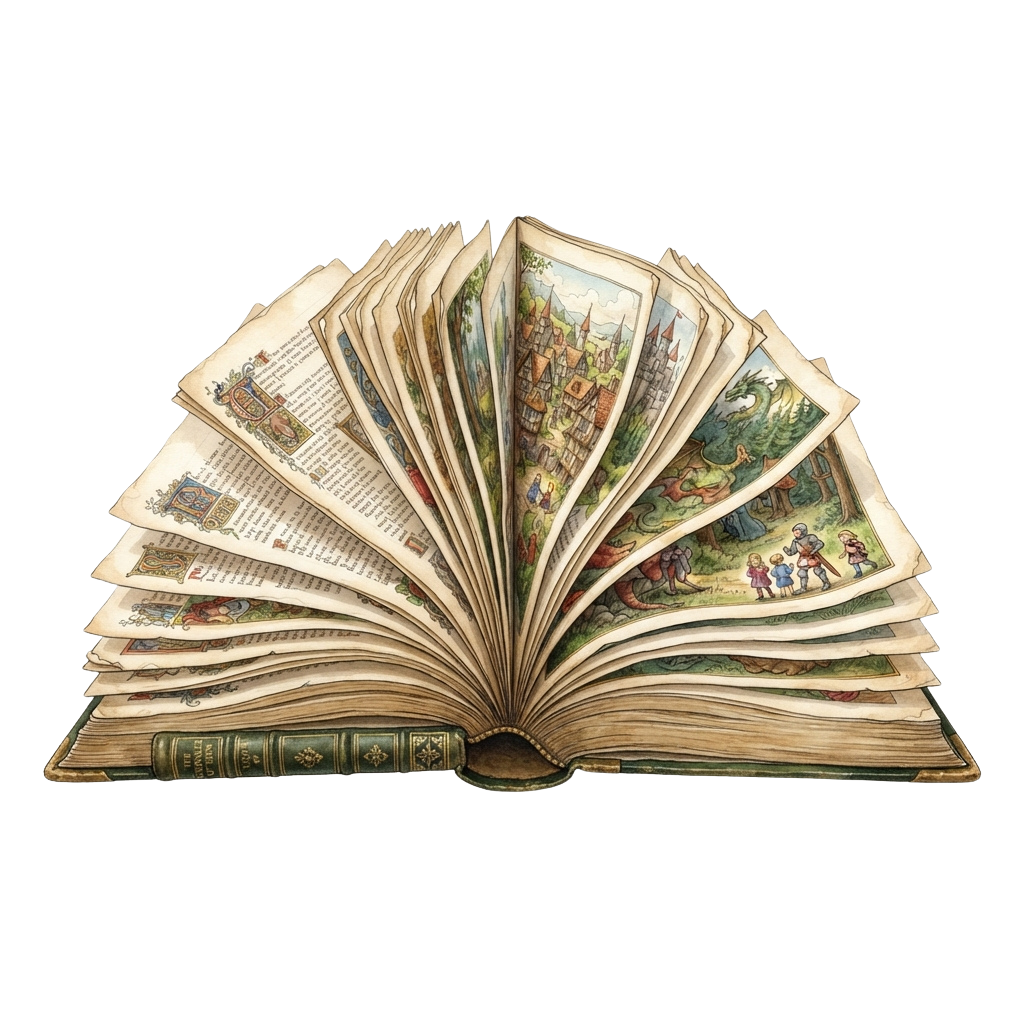 An open vintage book with colorful illustrations and text on each page, fanned out to display multiple spreads.