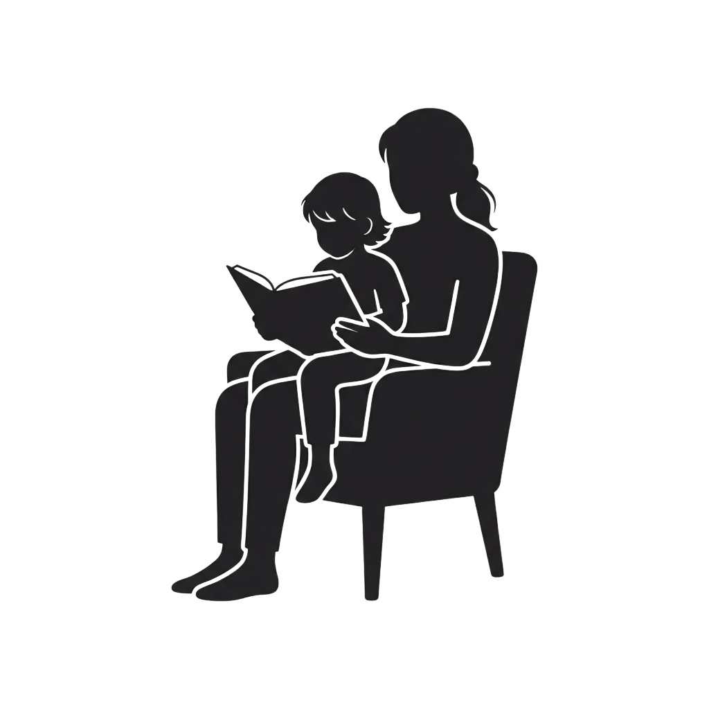 An adult and a child sitting together on a chair, reading a book.
