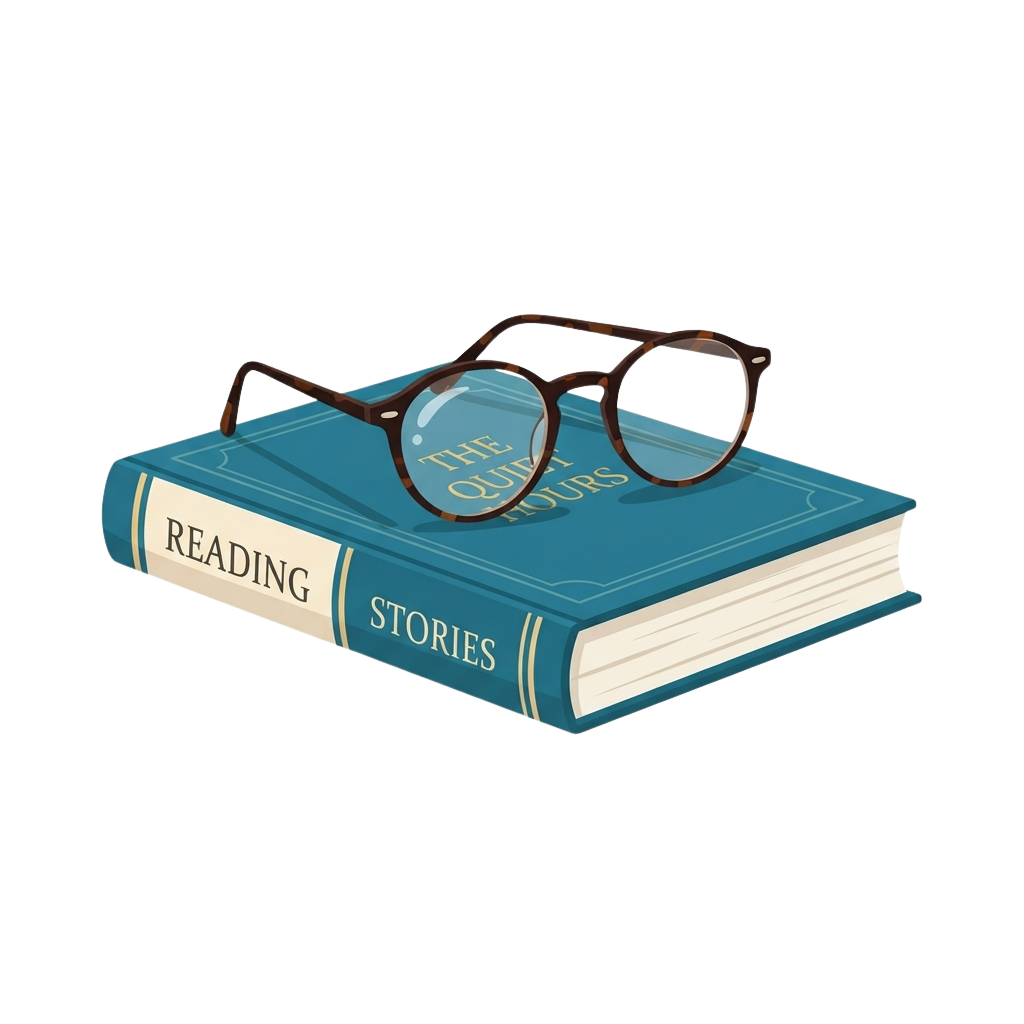 A pair of glasses resting on a blue book titled Reading Stories and The Quiet Hours