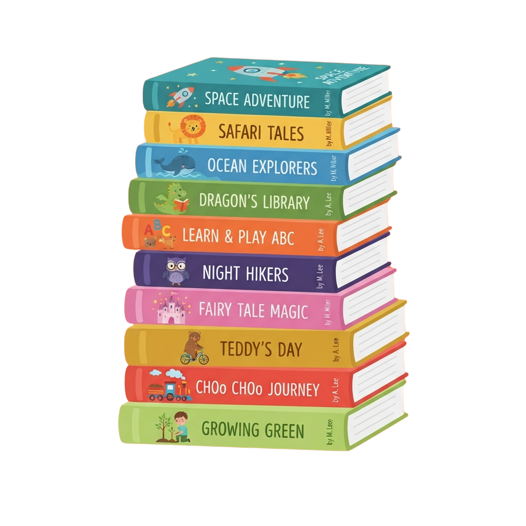 Stack of nine colorful children's books with vibrant covers and playful illustrations